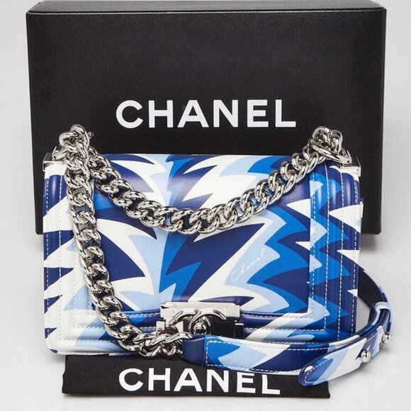 Chanel Blue/White Printed Leather Small Boy Bag - Picture 10 of 10